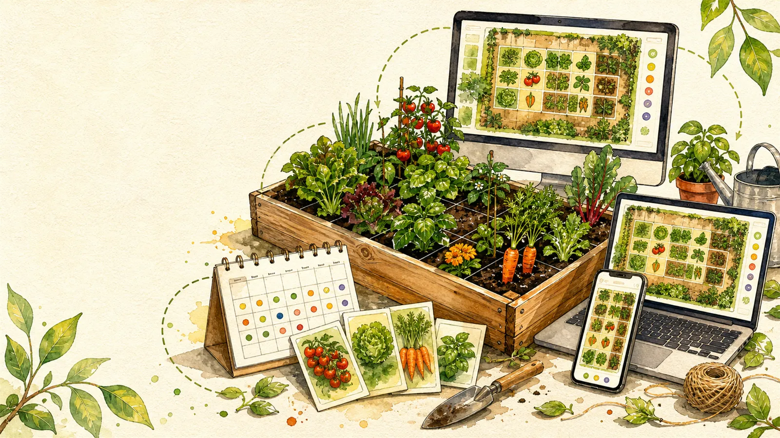 Illustrierter Gartenplaner mit einem bepflanzten Hochbeet, Kalender, Pflanzenkarten und mehreren Geräten, die denselben Beetplan zeigen.