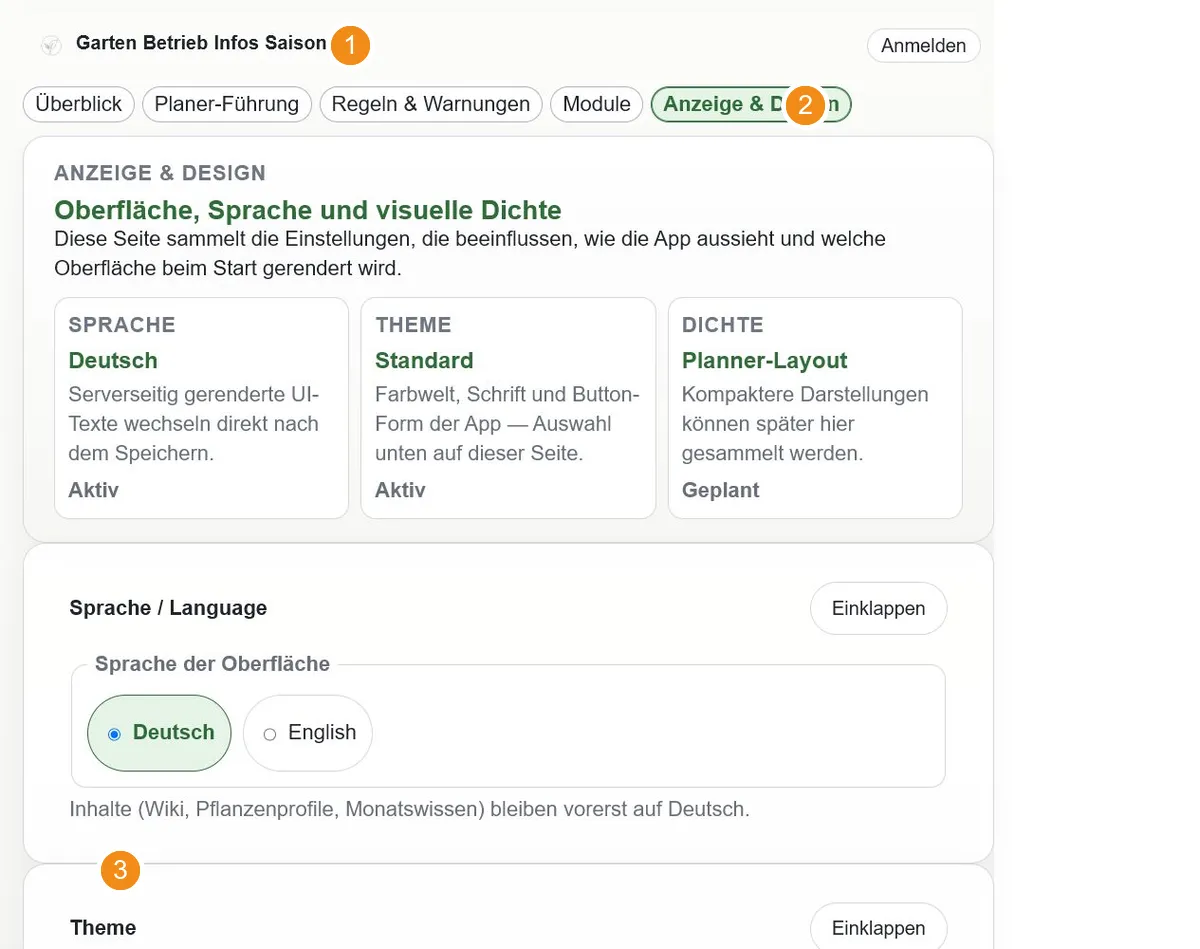 Einstellungen für Sprache, Themes und eigenes Design