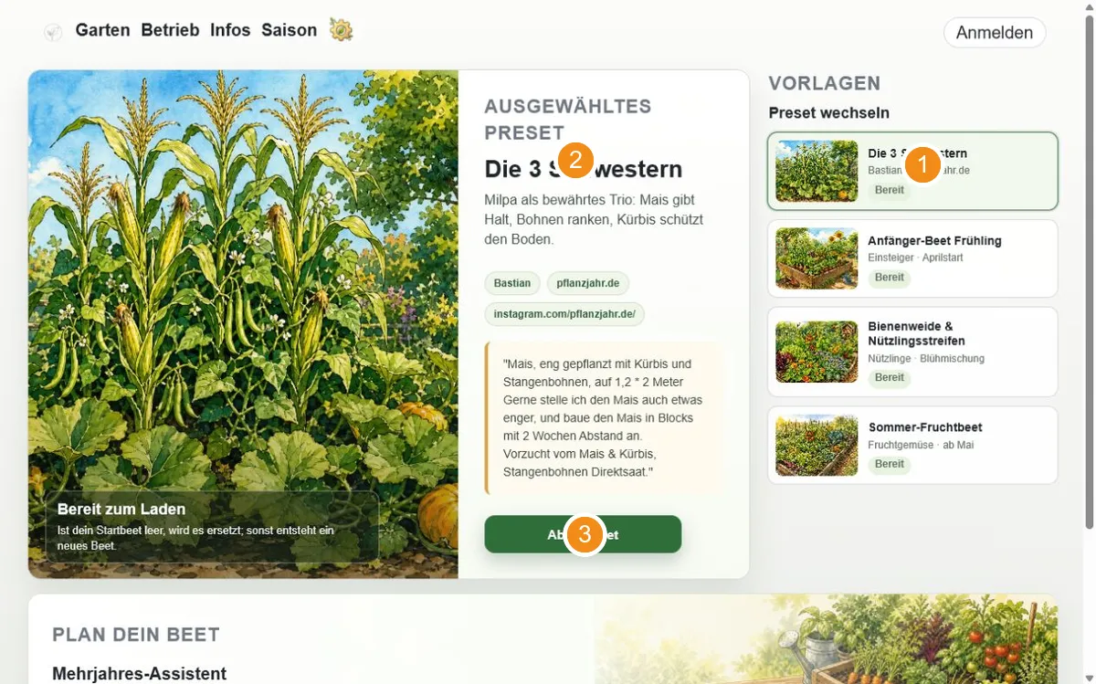 Garten-Wizard mit Vorlagenliste, Vorschau und Übernahmeaktion