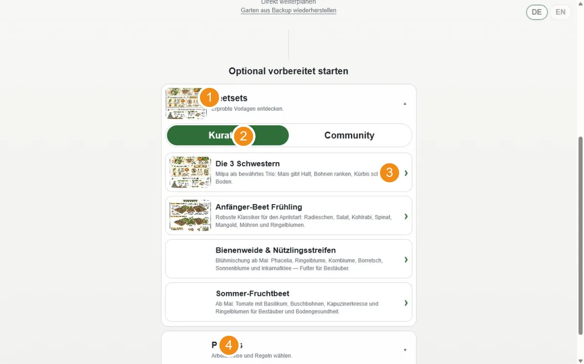 PWA-Startseite mit geöffneten Beetsets und Quellenwahl