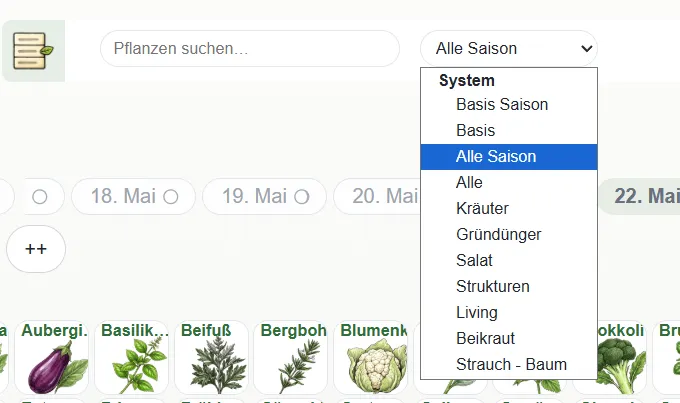 Pflanzjahr-App: Monatsauswahl und geöffnete Pflanzlistenauswahl mit Basis Saison, Alle Saison und Themenlisten.
