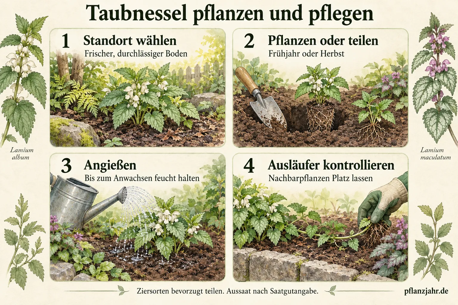 Vier Schritte zur Taubnessel-Pflege: frischen, durchlässigen Standort wählen, im Frühjahr oder Herbst pflanzen oder teilen, angießen und unerwünschte Ausläufer entfernen.