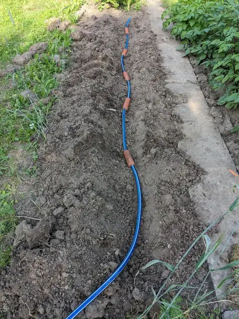 Ein schwarzer Bewässerungsschlauch mit blauer Markierung liegt längs in einem frisch bearbeiteten Beet.