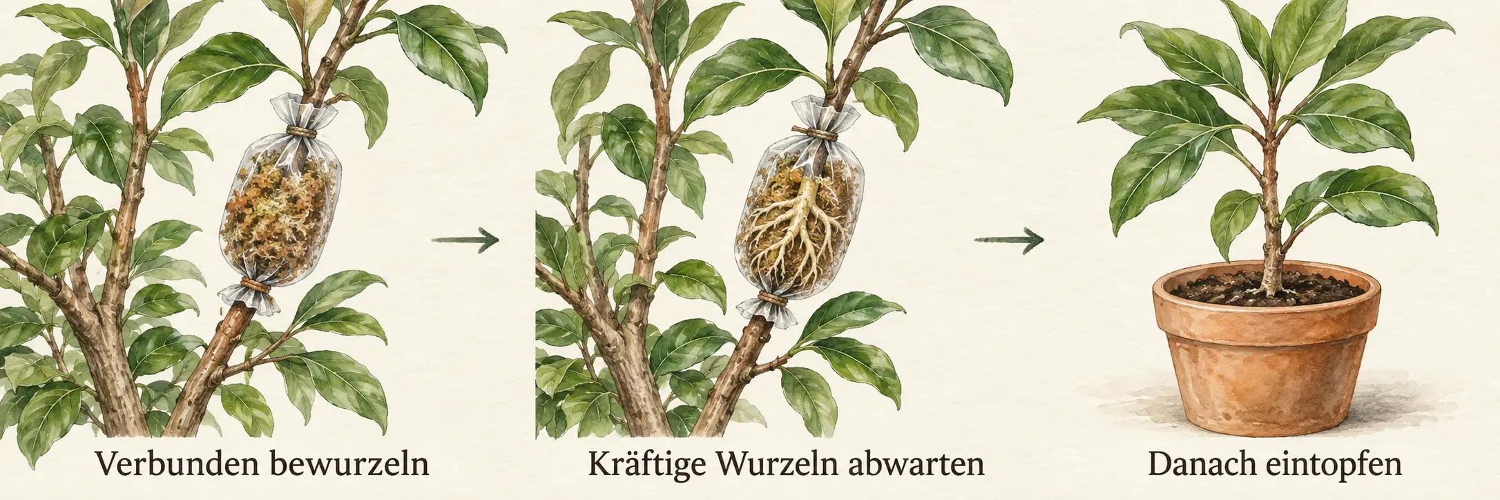 Abmoosen in drei Phasen: Der Trieb bleibt verbunden, der Moosballen wird kräftig durchwurzelt und der Luftableger danach eingetopft