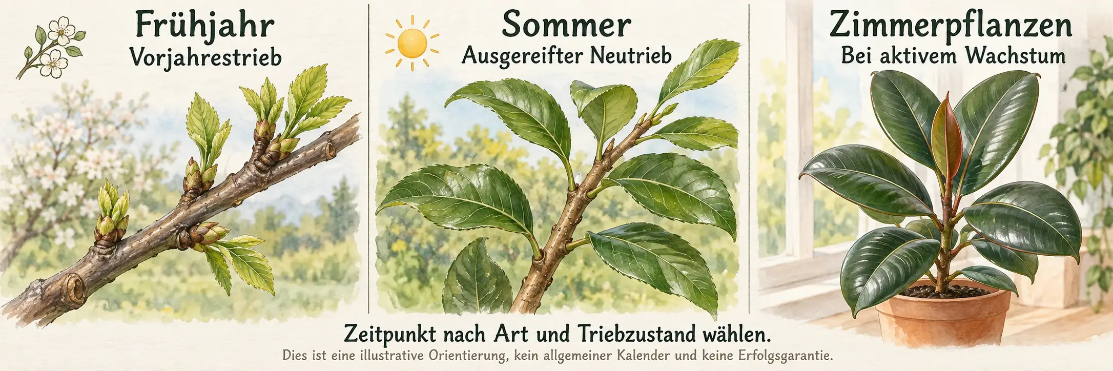 Zeitpunkt nach Triebzustand: Vorjahrestrieb im Frühjahr, ausgereifter Neutrieb im Sommer und Zimmerpflanzen bei aktivem Wachstum