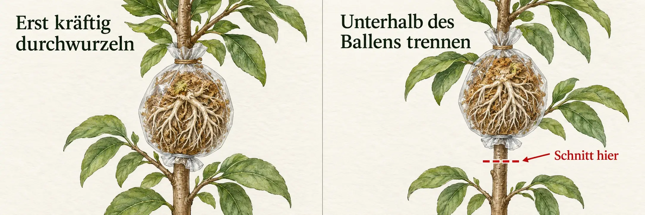 Kräftig durchwurzelter Moosballen am belaubten Trieb; die rote Schnittlinie liegt unterhalb des gesamten Ballens