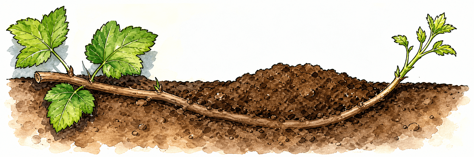 Abgesenkter Zweig mit aufrecht freier Triebspitze, die mittlere Stelle unter 5 bis 10 cm Erde vergraben