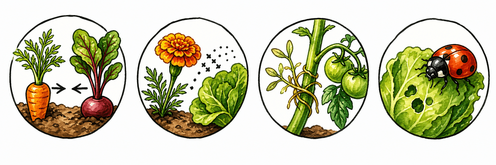 Vier Icons der antagonistischen Mechanismen: Konkurrenz, Antibiose, Parasitismus und Fraß
