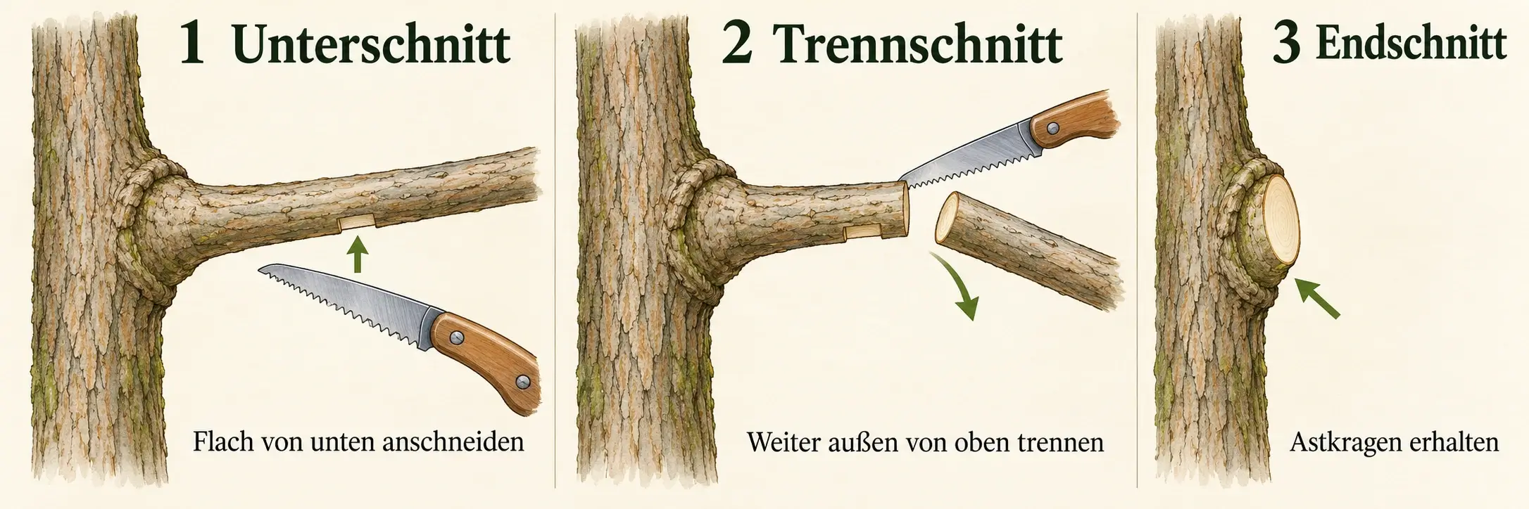 Drei-Schnitt-Verfahren: flacher Unterschnitt von unten, Trennschnitt weiter außen von oben und Endschnitt knapp außerhalb des erhaltenen Astkragens