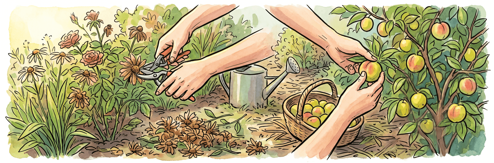Verblühtes und halbreife Früchte ernten, um den Wasserbedarf der Pflanzen zu senken