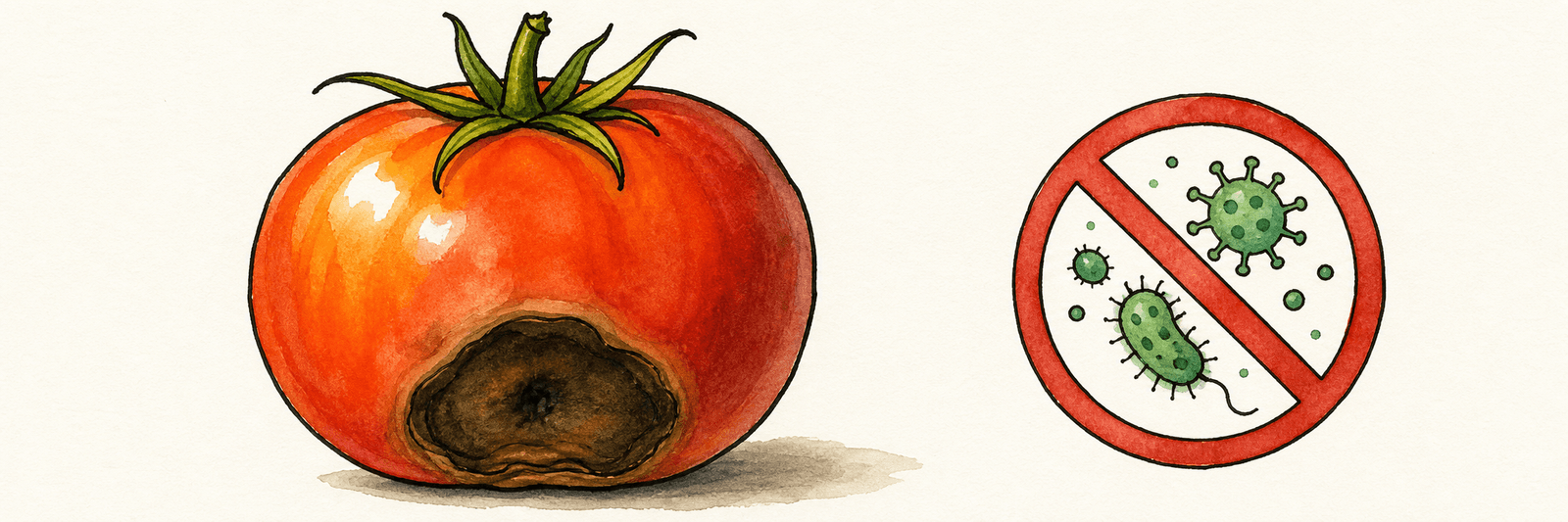 Tomate mit dunkler, eingesunkener Stelle am Blütenende neben einem durchgestrichenen Erregersymbol