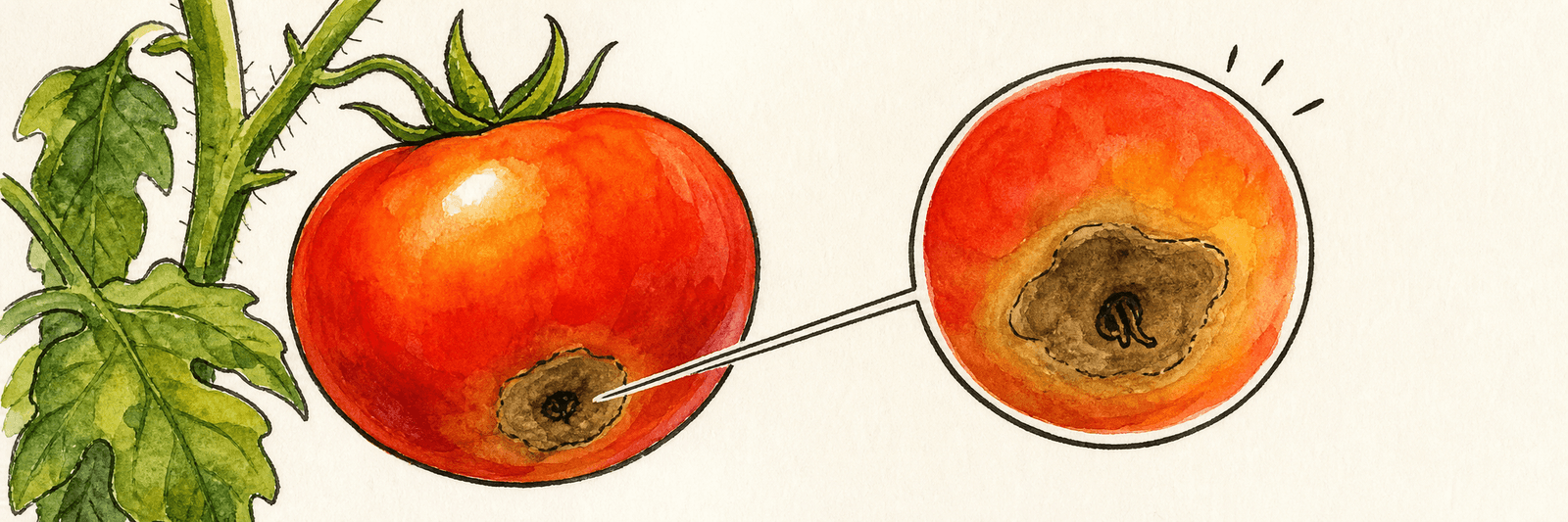 Tomate mit vergrößerter Ansicht der geschädigten Stelle am Blütenende