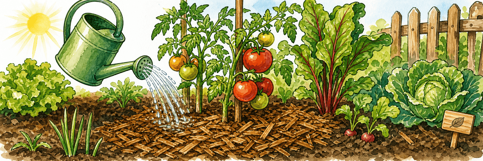 Gießen im Wurzelbereich einer Tomatenpflanze mit einer Mulchschicht auf dem Boden