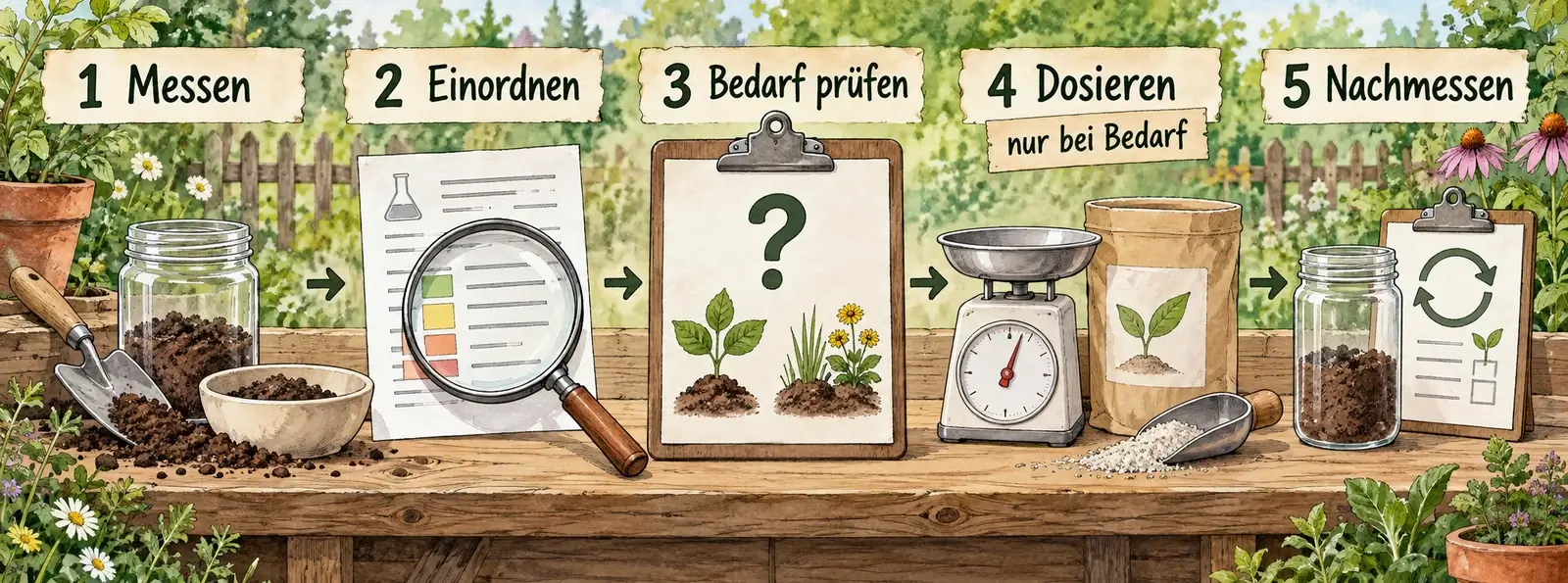 Fünf Schritte: messen, einordnen, Bedarf prüfen, nur bei Bedarf dosieren und anschließend nachmessen