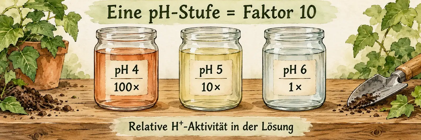 Drei Probengläser: pH 4 mit relativer H⁺-Aktivität 100, pH 5 mit 10 und pH 6 als Vergleichswert 1