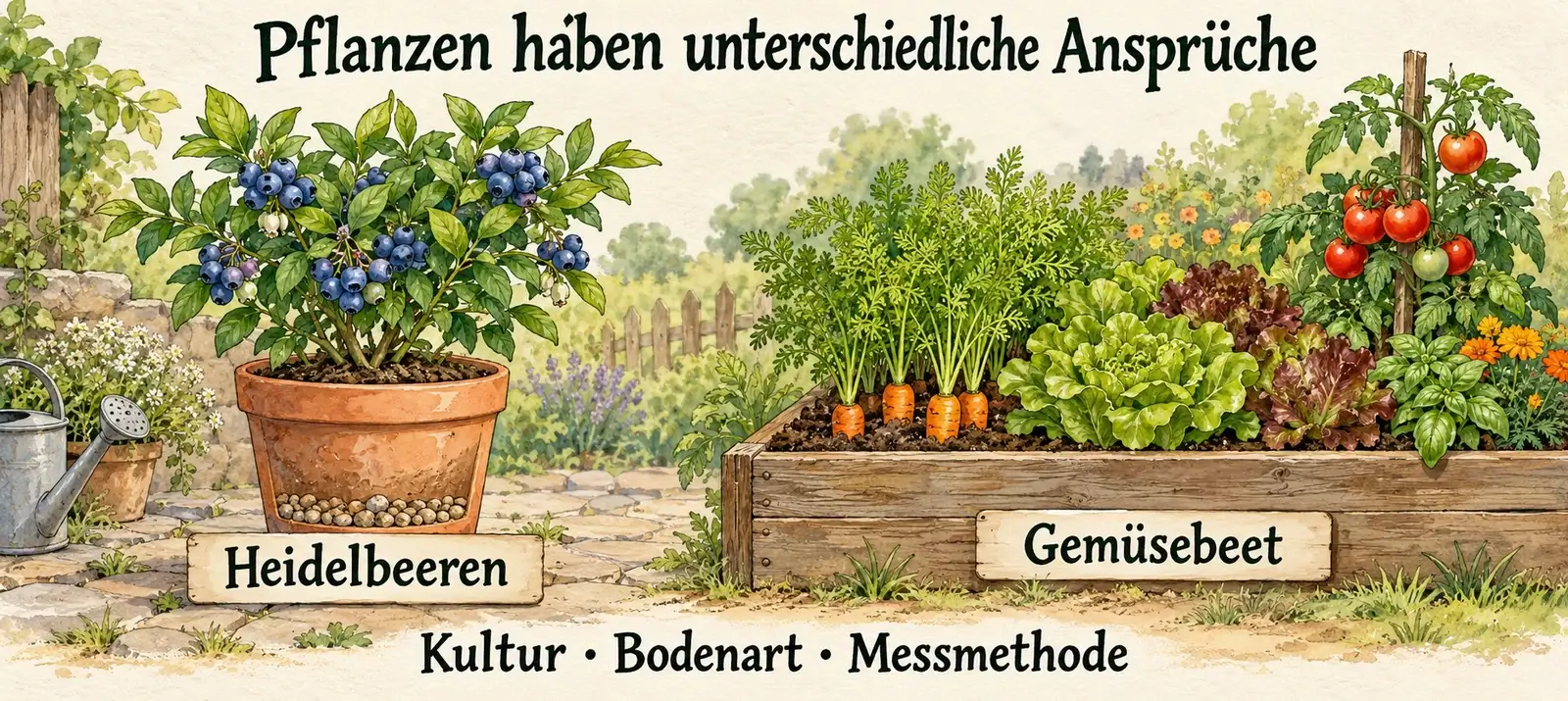 Heidelbeere in einem eigenen Kübel neben einem Gemüsebeet; Kultur, Bodenart und Messmethode bestimmen die Einordnung des pH-Werts