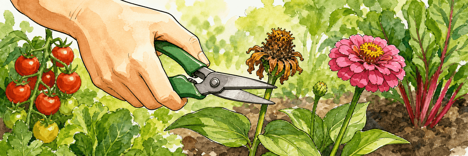 Eine verblühte Blüte wird abgeschnitten, bevor sie Samen ansetzt