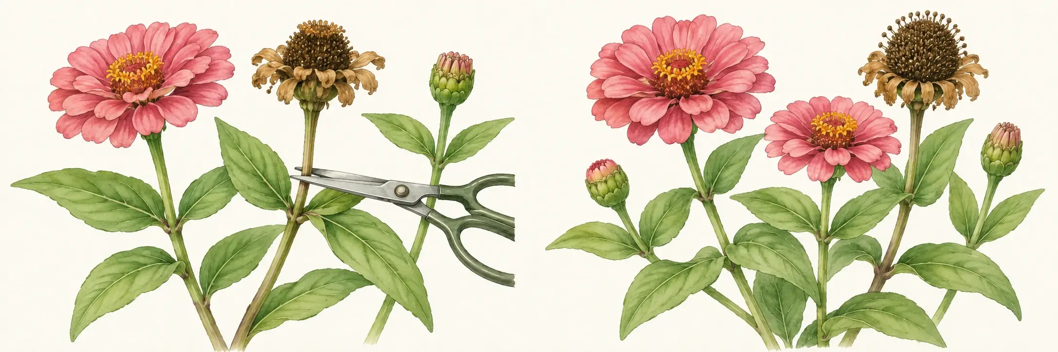 Links wird ein verblühter Zinnienkopf entfernt; rechts bleiben Blüten, Knospen und ein Samenstand an einer Zinnie erhalten