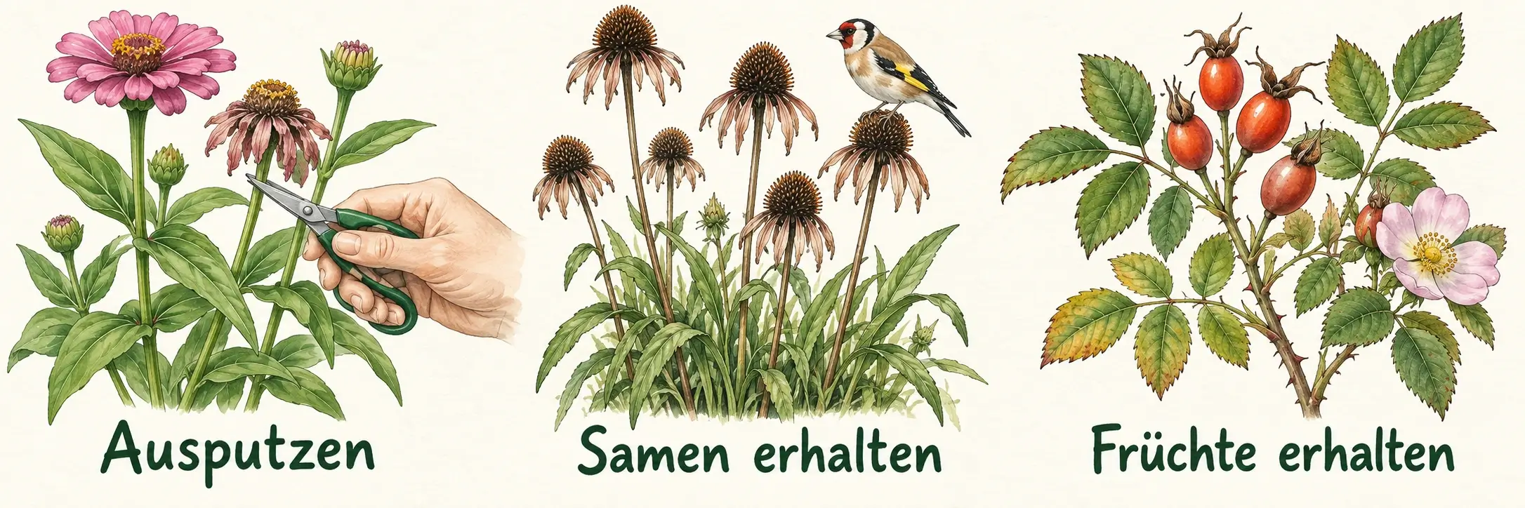 Ausputzen einer Zinnie, erhaltene Sonnenhut-Samenstände mit einem Stieglitz und ein Rosenzweig mit Hagebutten