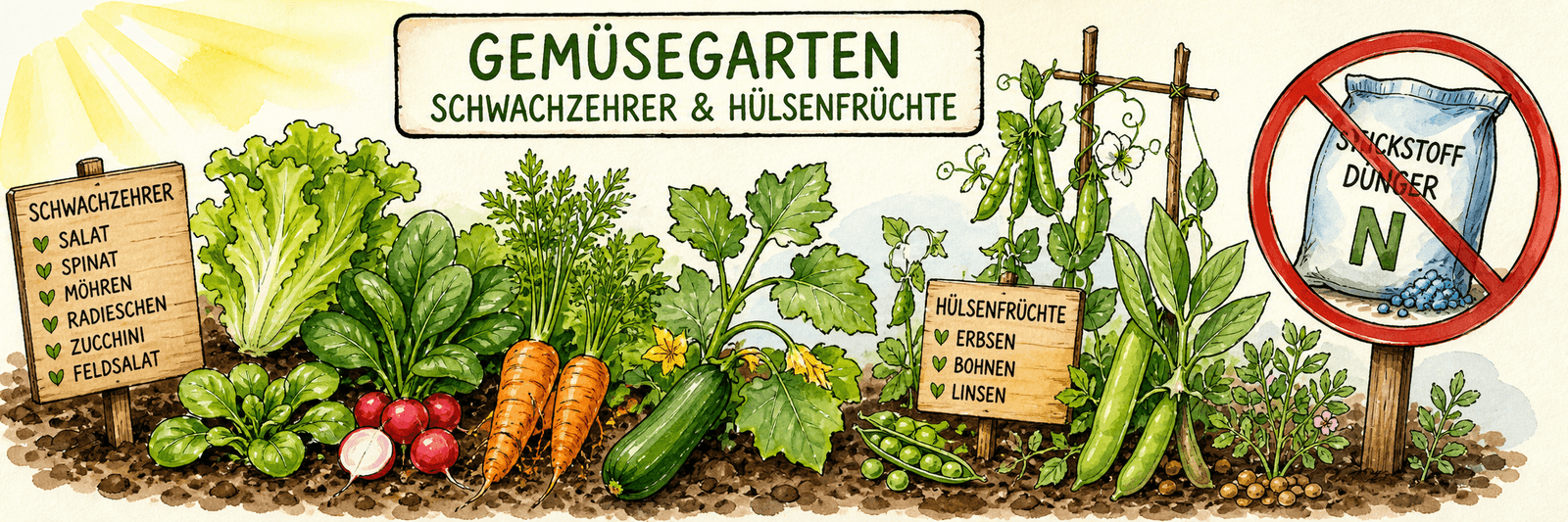Schwachzehrer und Hülsenfrüchte im Gemüsegarten mit durchgestrichenem Stickstoffdünger