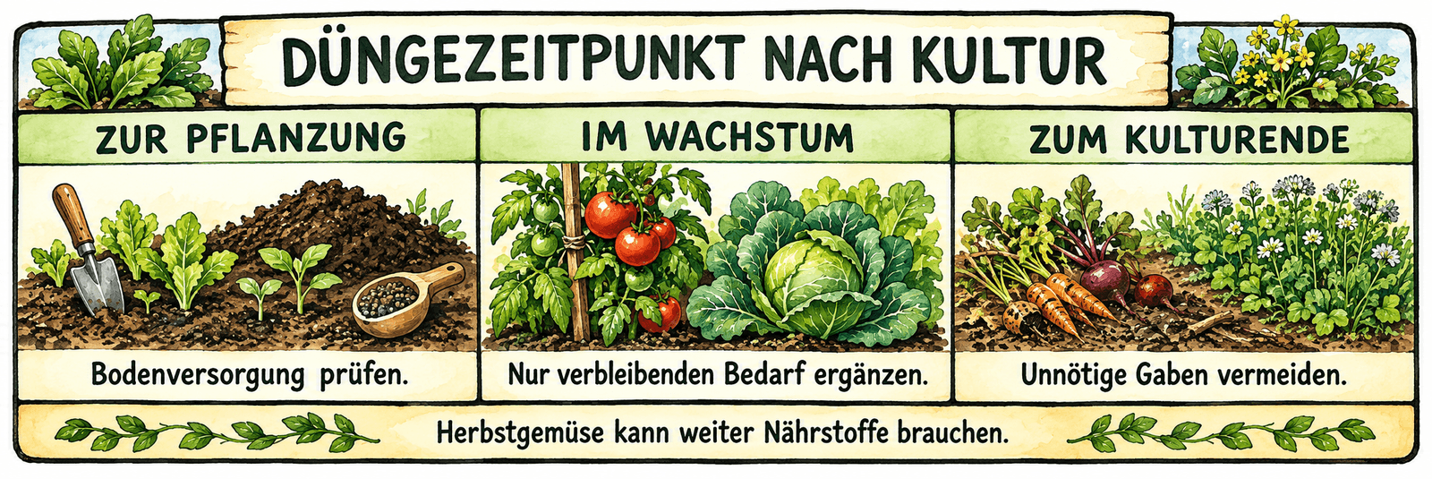 Düngeplanung zur Pflanzung, während des Wachstums und zum Kulturende statt eines festen Monatsverbots