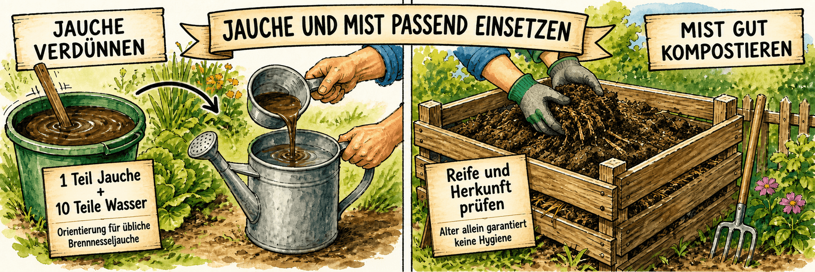 Pflanzenjauche mit Wasser verdünnen und bei Mist Reife, Herkunft und Hygiene prüfen
