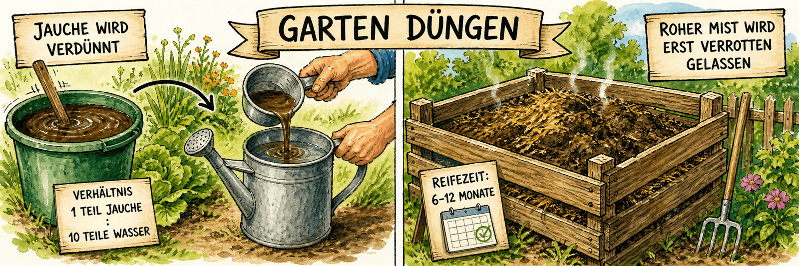 Verdünnte Pflanzenjauche und rottender Mist als sichere Düngung im Garten