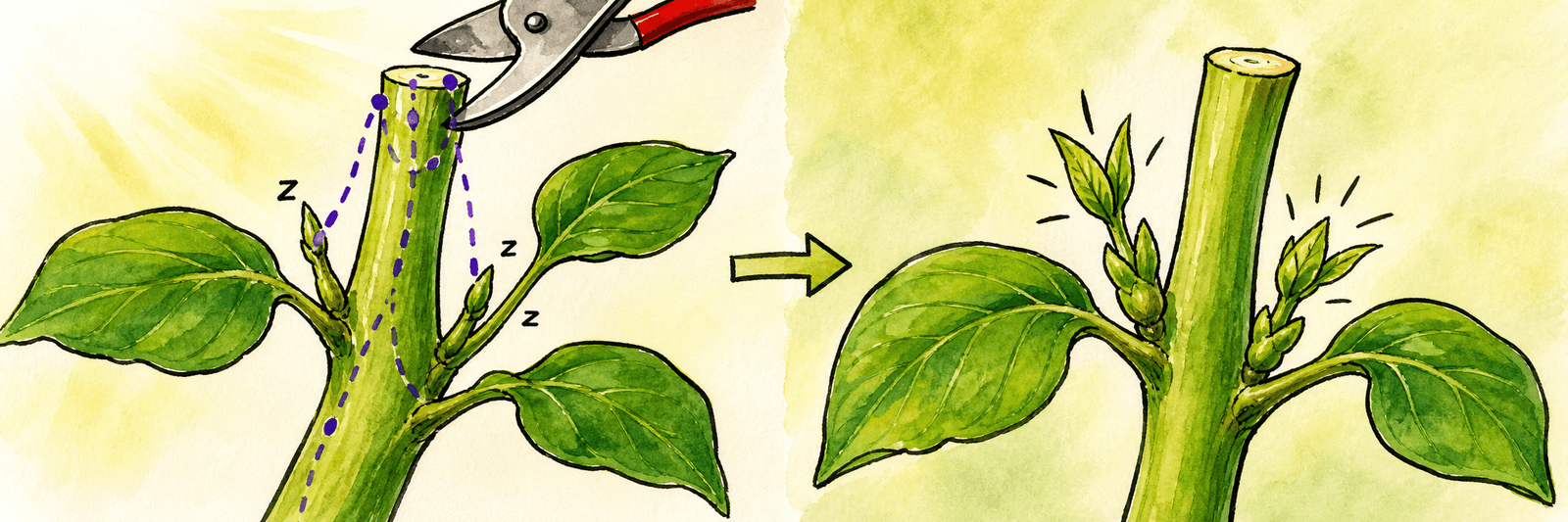 Nach dem Kappen versiegt das Auxin, die schlafenden Seitenknospen erwachen