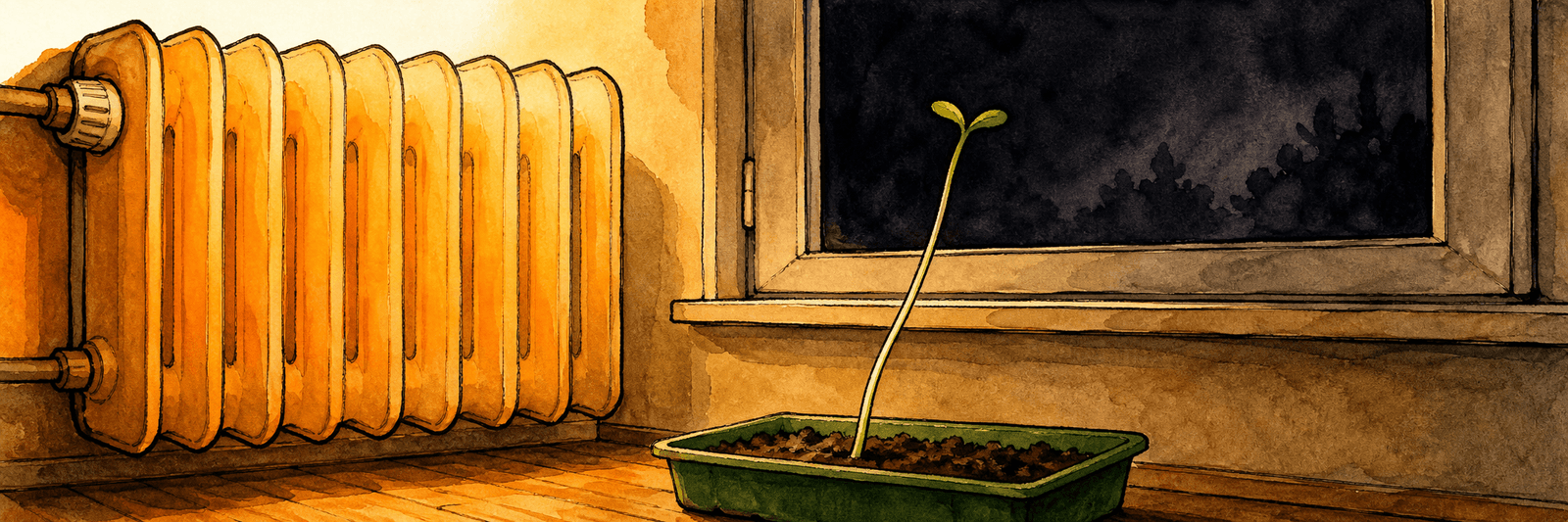 Illustration einer warmen Anzuchtschale am Heizkörper mit einem langen, dünnen Sämling vor einem dunklen Fenster