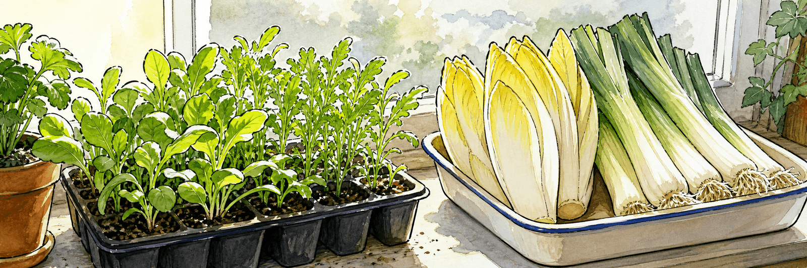 Illustration von Anzuchtpflanzen am Fenster sowie hellem Chicorée und Lauch