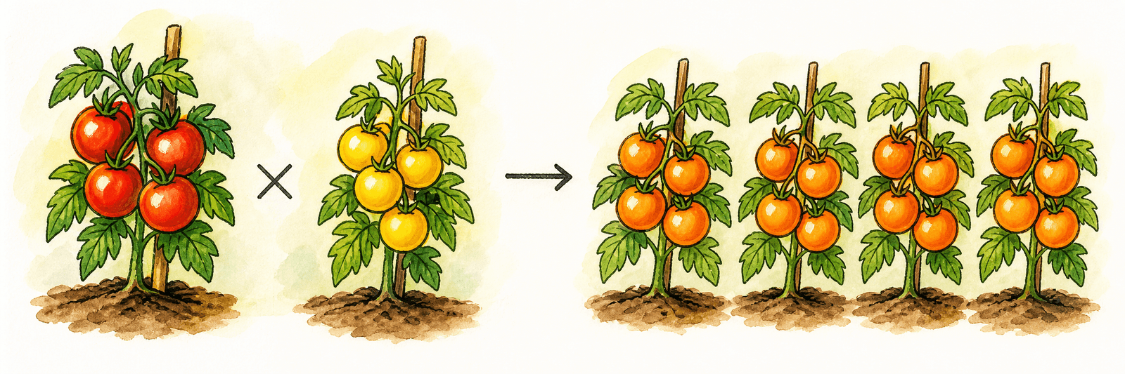 Schematische Kreuzung zweier Tomaten-Elternlinien zu einer einheitlichen ersten Generation