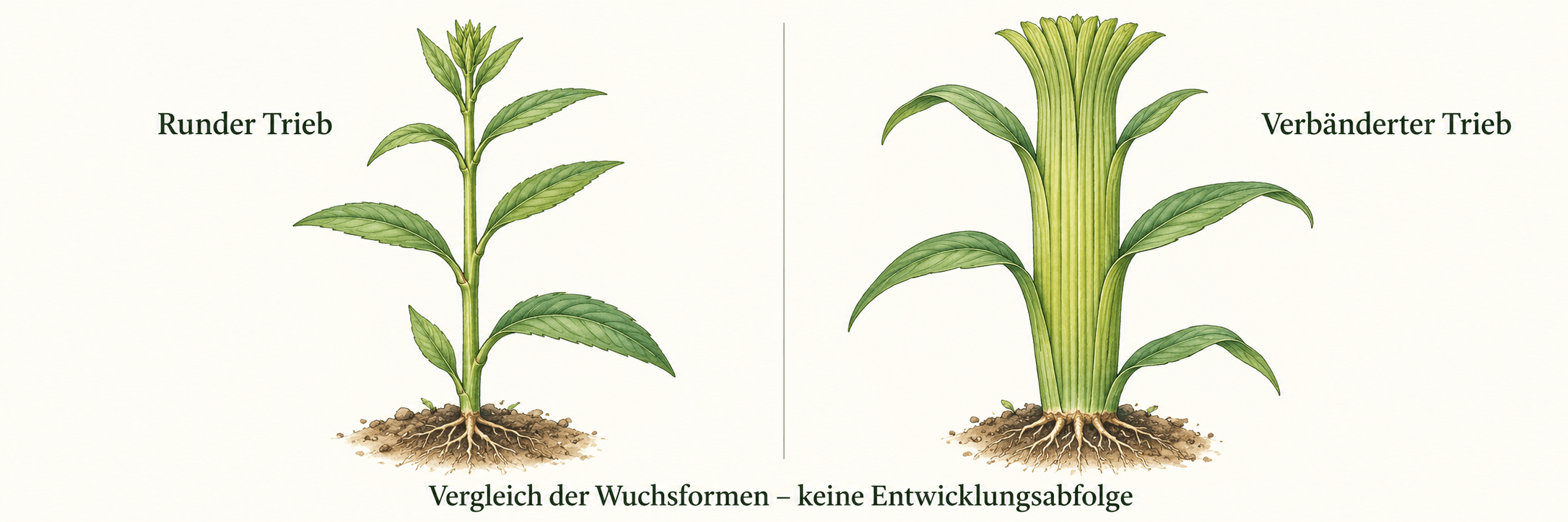 Zwei getrennte Triebe im Vergleich: ein schmaler runder Stängel und ein breiter, bandförmiger Stängel; keine zeitliche Entwicklungsabfolge