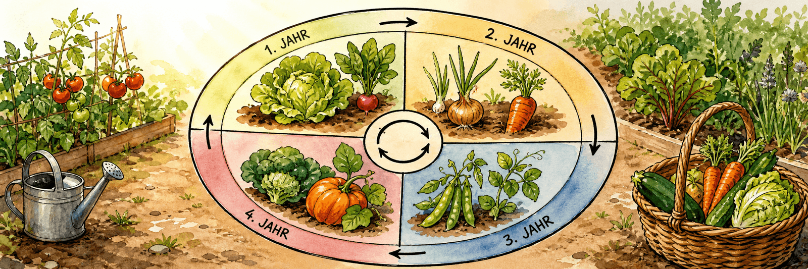 Kreiskalender, in dem die Gemüsekulturen über die Jahre von Beet zu Beet rotieren