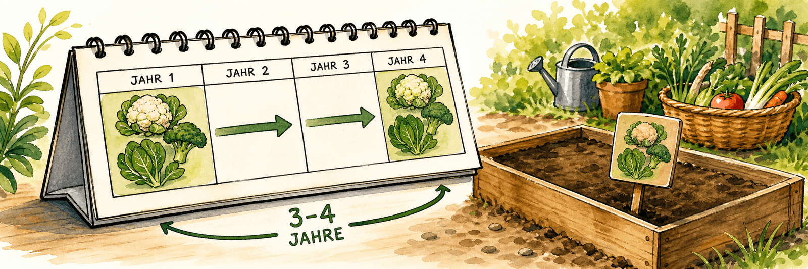 Kalender mit drei bis vier Jahren Abstand, bevor eine Pflanzenfamilie ins selbe Beet zurückkehrt