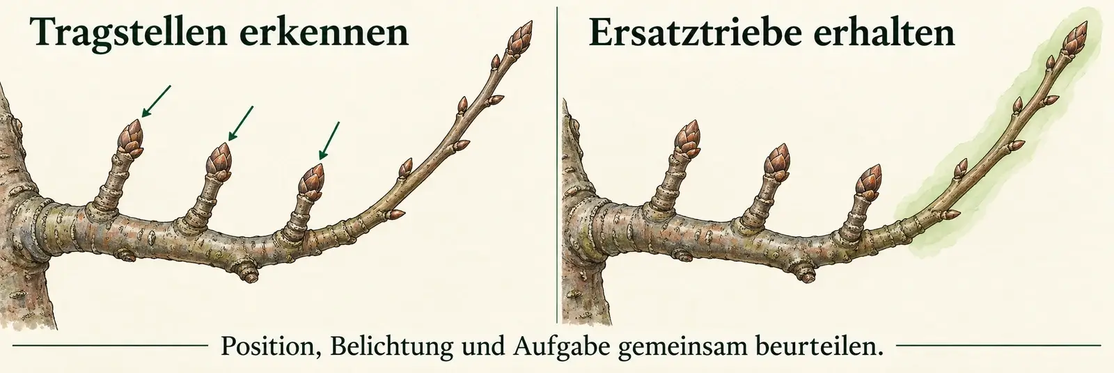 Zwei schematische Ansichten eines Apfelastes: links kurze Tragstellen mit endständigen Knospen, rechts ein zusätzlich erhaltener junger Ersatztrieb