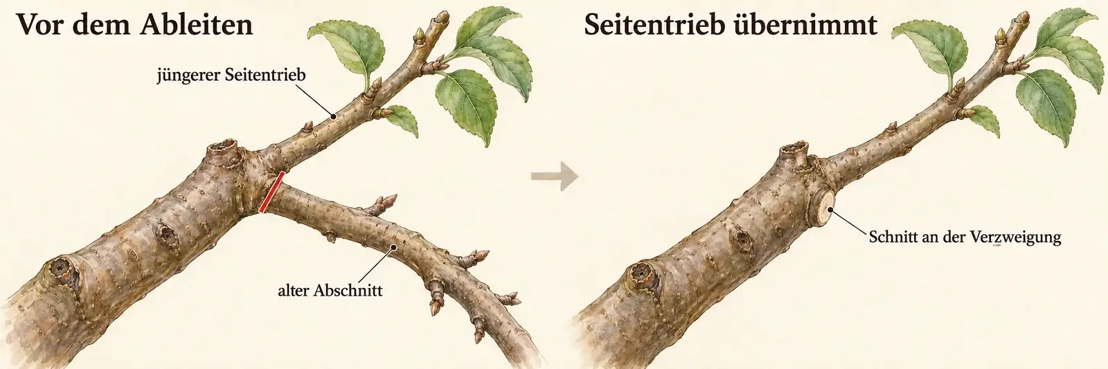 Ableiten am Apfelast vor und nach dem Schnitt: Der abgesunkene ältere Abschnitt wird direkt an der Verzweigung entfernt, ein kräftiger jüngerer Seitentrieb bleibt als Fortsetzung erhalten