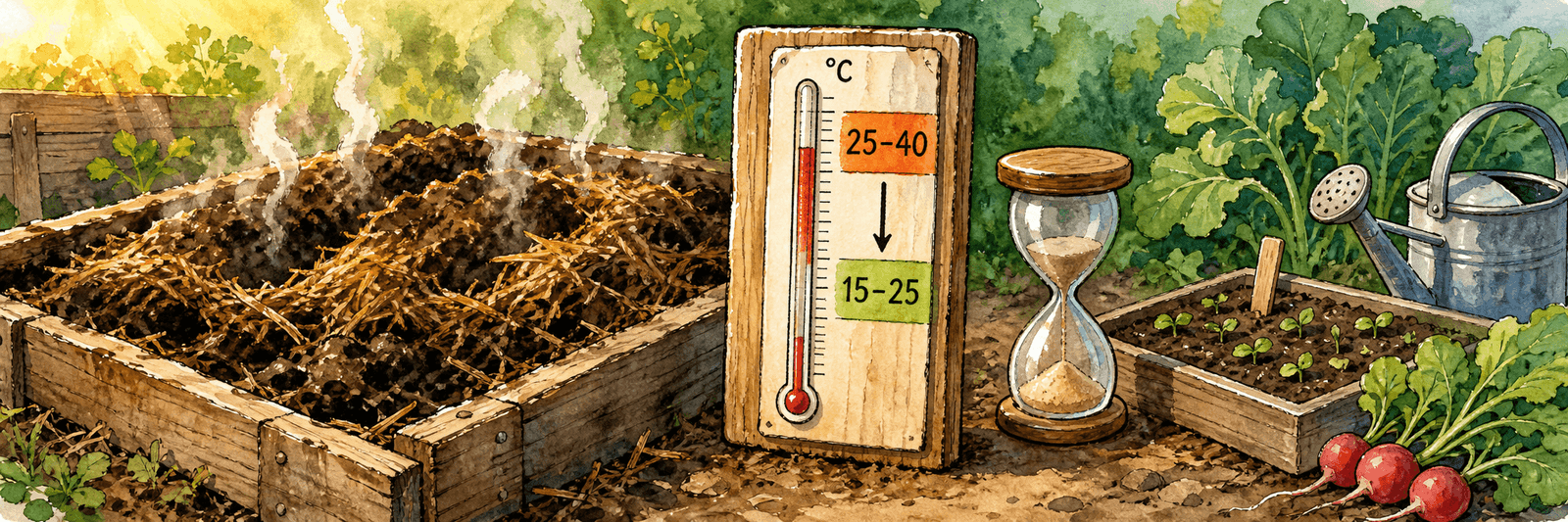 Thermometer am Mistbeet: erst säen, wenn die Anfangshitze von 25 bis 40 Grad auf 15 bis 25 Grad gesunken ist
