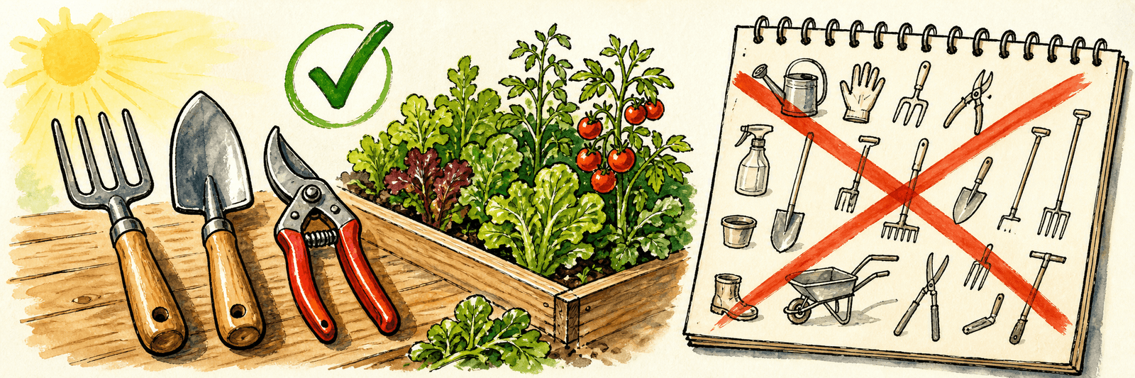 Pflanzkelle, Handgabel und Gartenschere neben einem Hochbeet und einer langen Werkzeugliste