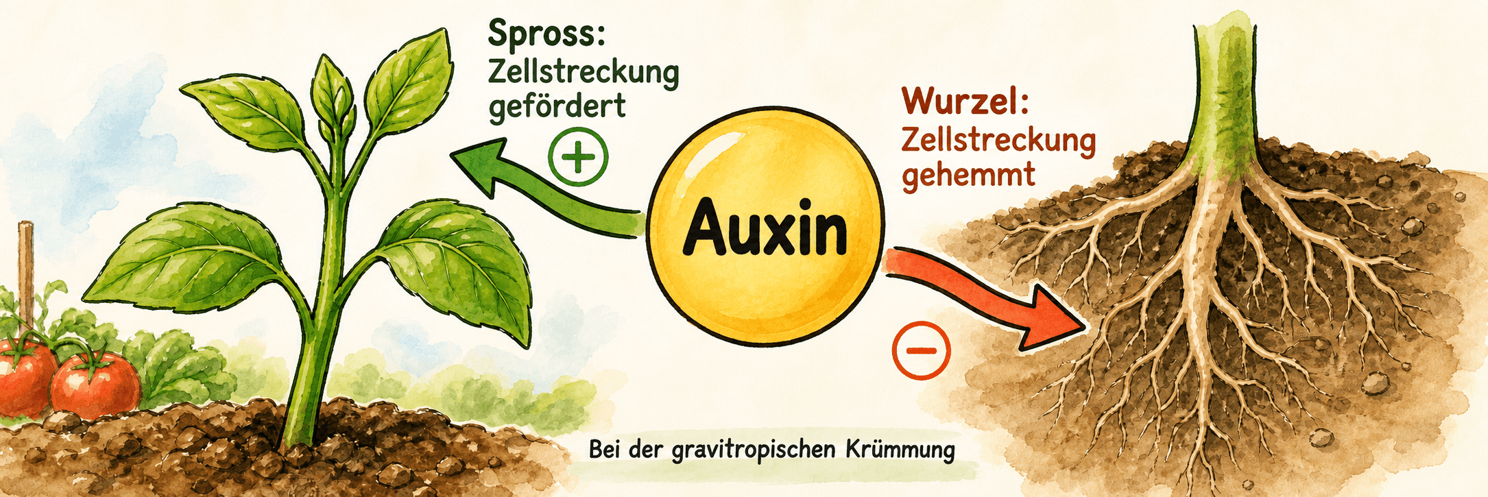 Auxin als neutrales Hormonsymbol: Förderung der Zellstreckung im jungen Spross und Hemmung der Zellstreckung in der jungen Wurzel bei der gravitropischen Reaktion