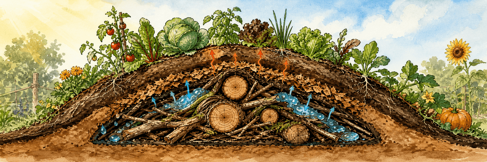 Querschnitt durch den Holzkern eines Hügelbeets, der Wasser speichert, über Jahre Nährstoffe abgibt und Wärme erzeugt