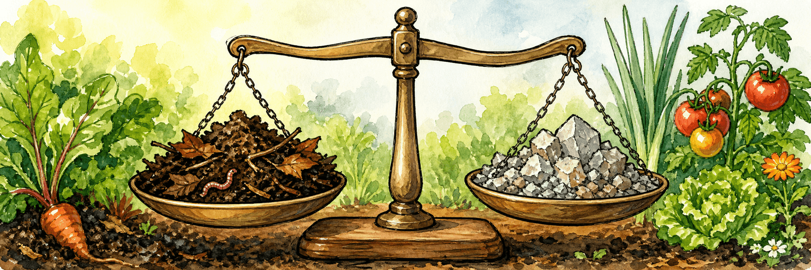 Eine Waage mit Humifizierung auf der einen und Mineralisierung auf der anderen Schale