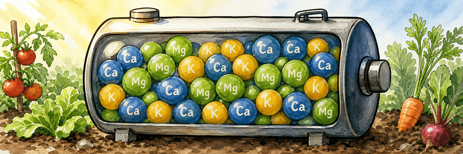 Speichertank gefüllt mit beschrifteten Nährstoff-Kationen Calcium, Magnesium und Kalium