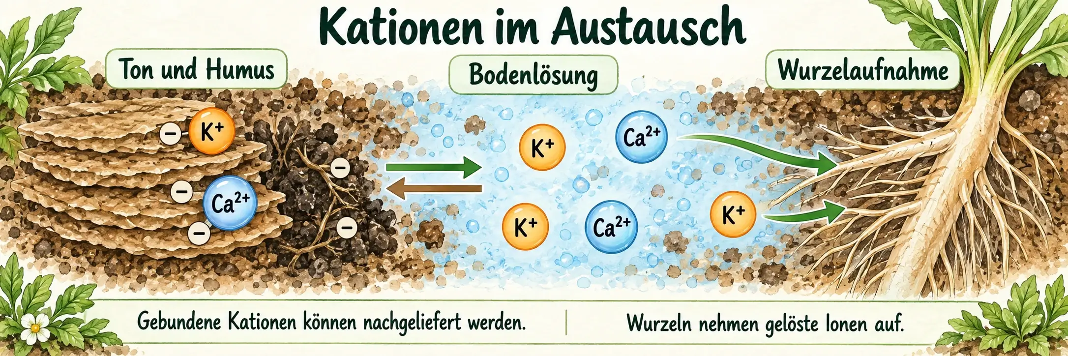 Schematischer Kationenaustausch: Kalium und Calcium an negativen Oberflächen von Ton und Humus, Austausch in beide Richtungen mit der Bodenlösung und Aufnahme gelöster Ionen durch Wurzeln