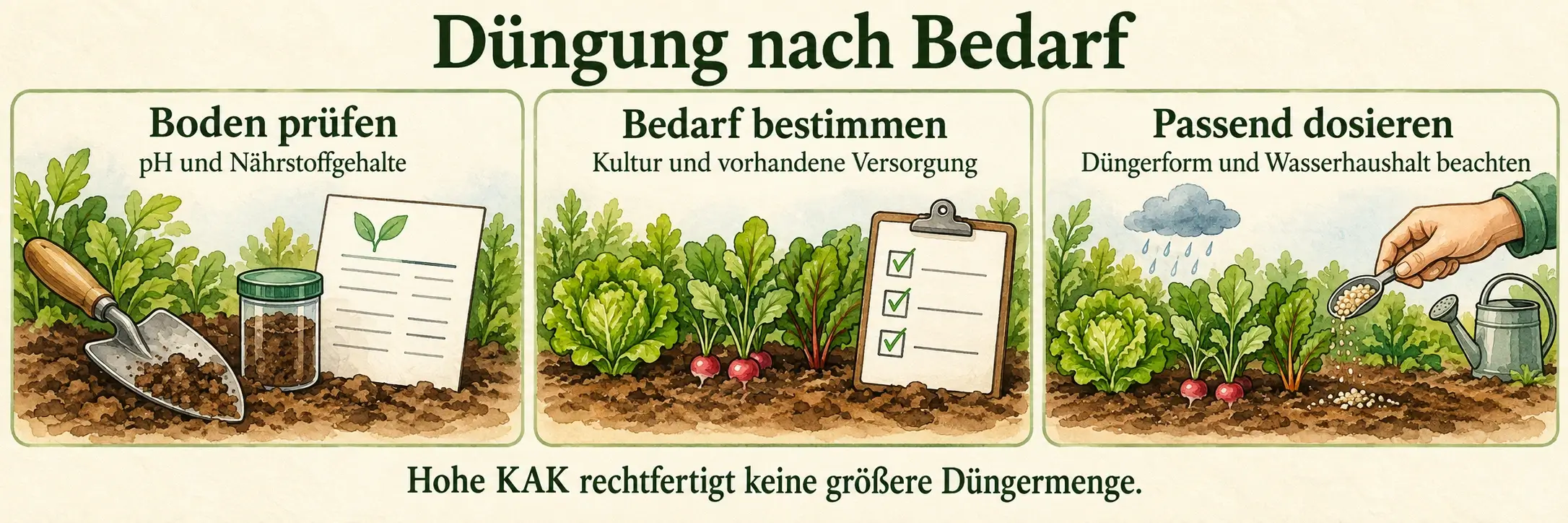 Drei Schritte zur bedarfsgerechten Düngung: Boden untersuchen, Kulturbedarf und vorhandene Versorgung berücksichtigen sowie Düngerform und Wasserhaushalt beachten. Hohe KAK rechtfertigt keine größere Düngermenge.
