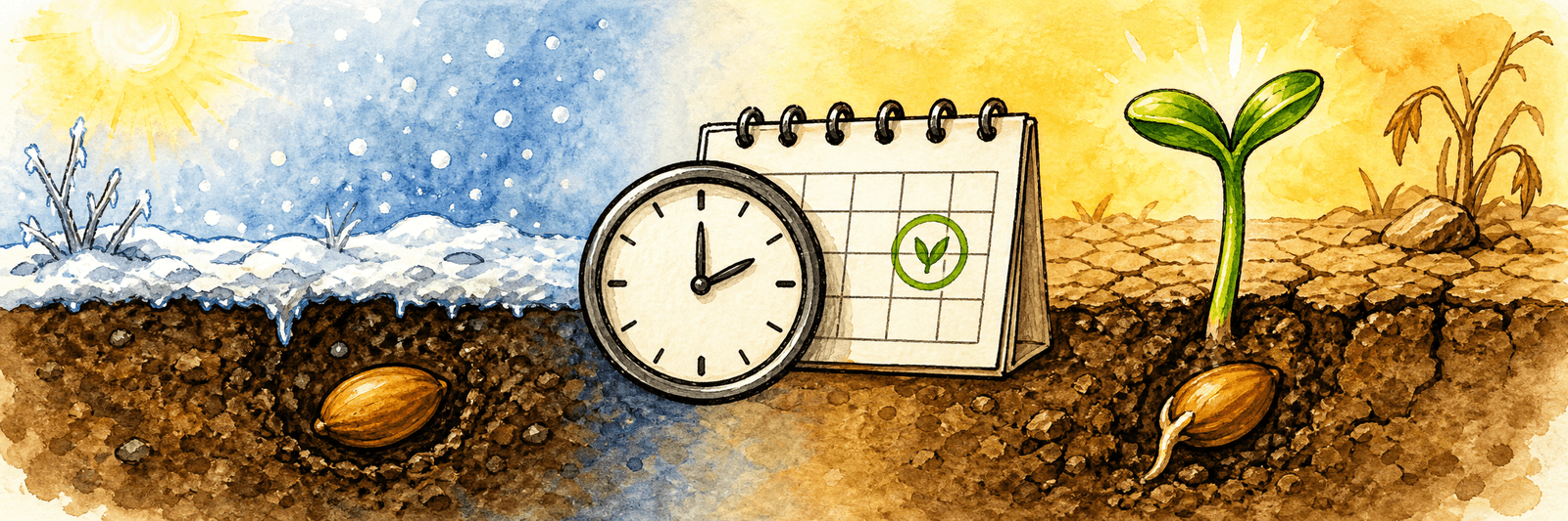 Samen wartet durch Frost und Trockenheit hindurch auf den richtigen Moment, mit Kalender- und Uhr-Symbol