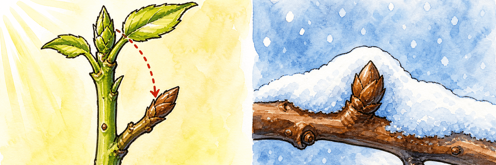 Vergleich zweier Knospen: eine von der Triebspitze unterdrückte Knospe gegen eine Knospe in echter Winterruhe unter Schnee