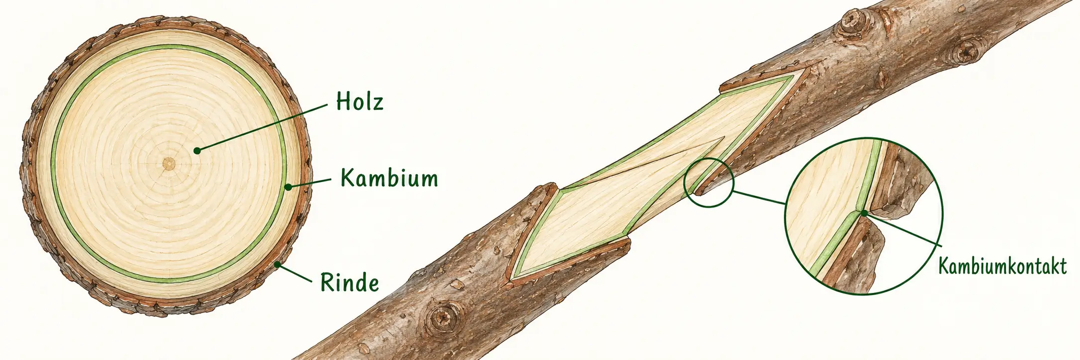 Schematischer Stammquerschnitt mit Holz, dünnem grün markiertem Kambiumring und Rinde sowie vergrößertem Kambiumkontakt an einer Kopulationsstelle