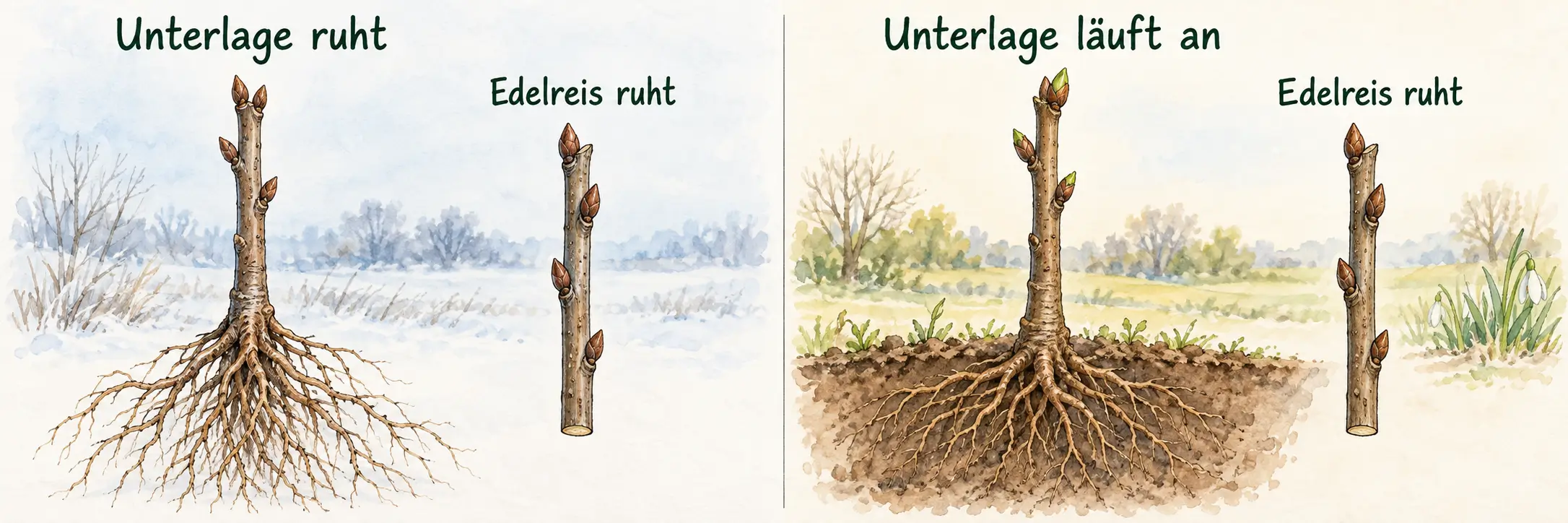 Vergleich zweier Ausgangszustände: ruhende Unterlage und gerade anlaufende Unterlage, jeweils neben einem Edelreis mit geschlossenen Knospen