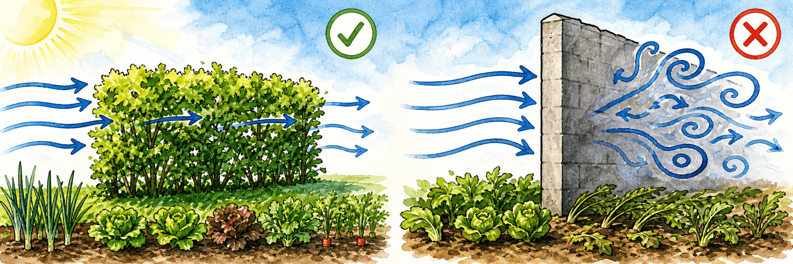 Durchlässige Hecke als Windschutz im Vergleich zur massiven Mauer mit Verwirbelung