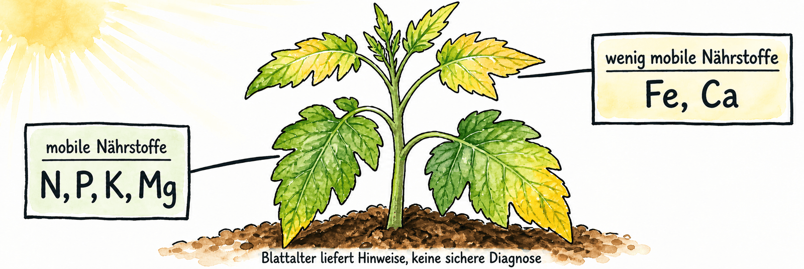 Schematische Übersicht: mobile Nährstoffe N, P, K und Mg sowie wenig mobile Nährstoffe Fe und Ca; Blattalter liefert Hinweise, keine sichere Diagnose
